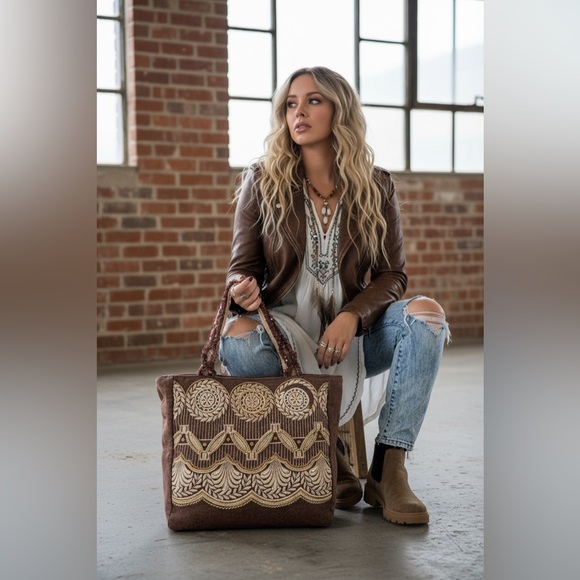 Myra Bag Handbags - Myra Bag Brown Tote with Cream Embroidery